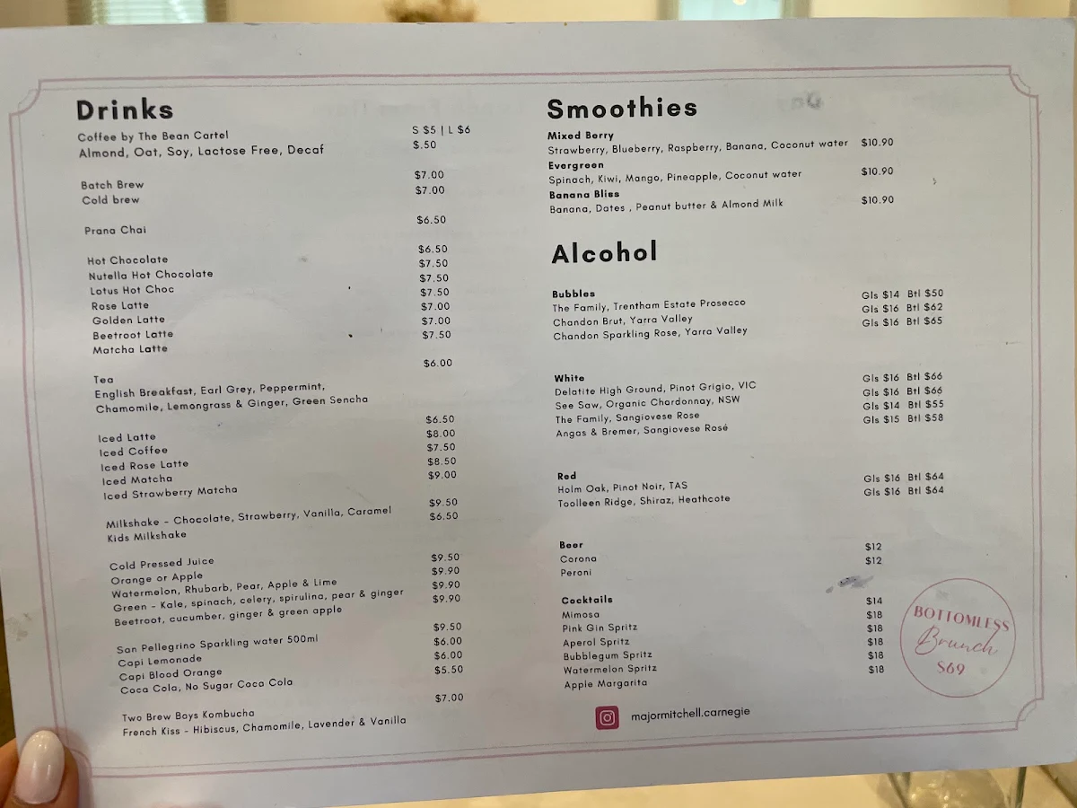 Menu, Major Mitchell Cafe