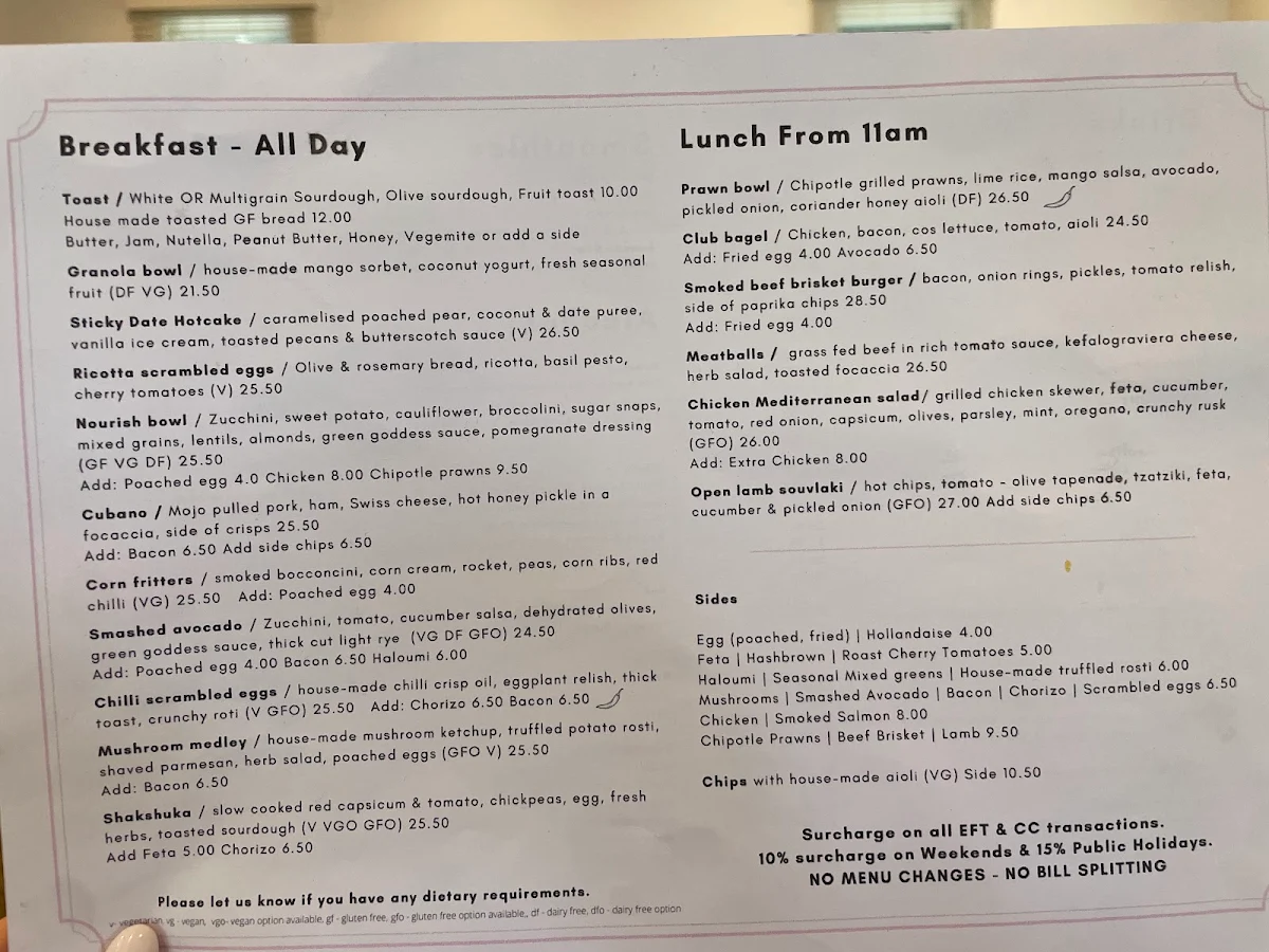 Menu, Major Mitchell Cafe