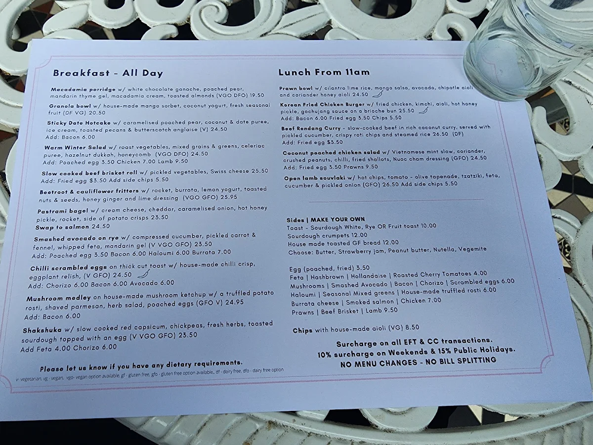 Menu, Major Mitchell Cafe