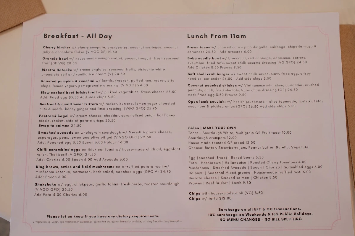 Menu, Major Mitchell Cafe