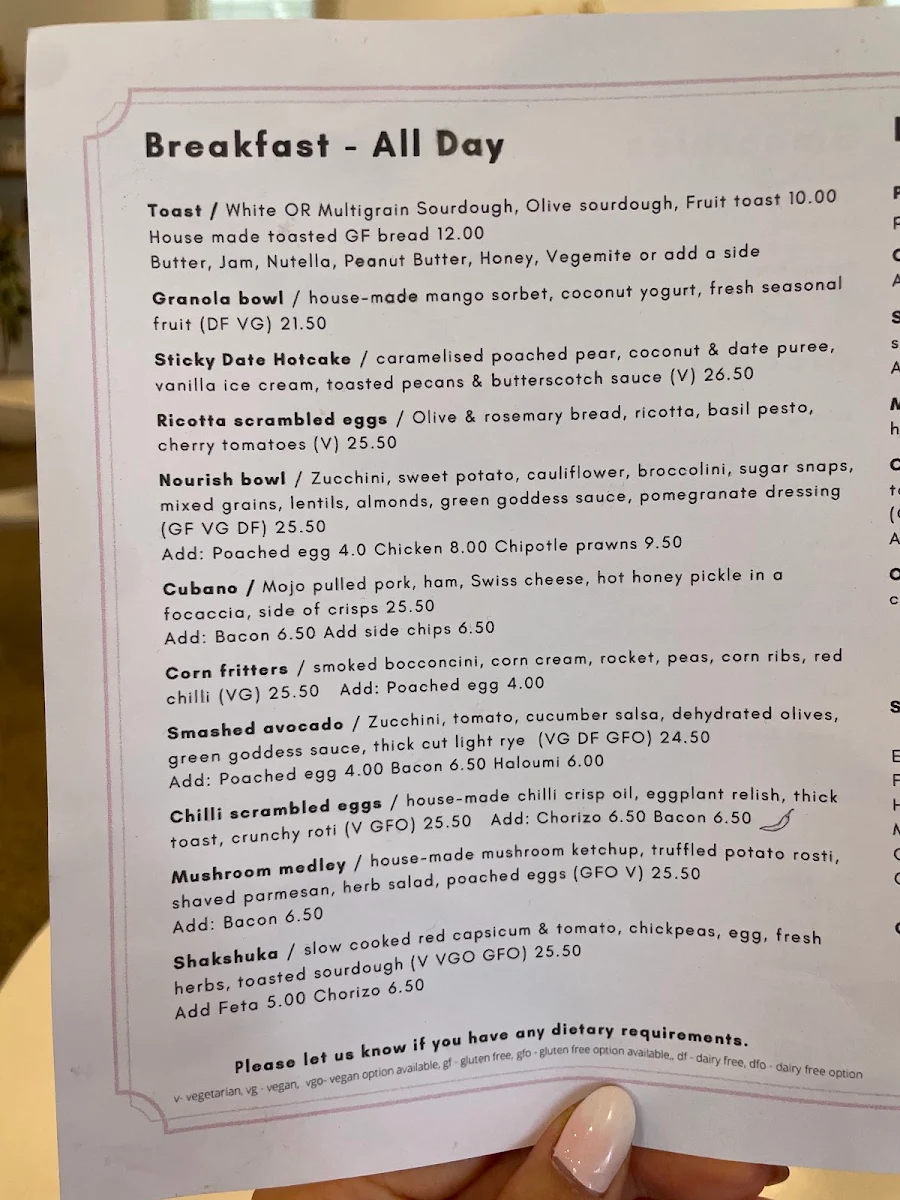 Menu, Major Mitchell Cafe