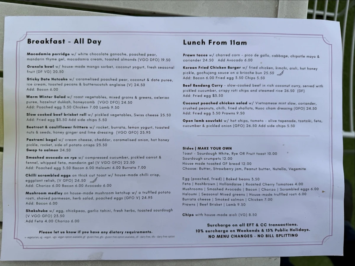 Menu, Major Mitchell Cafe