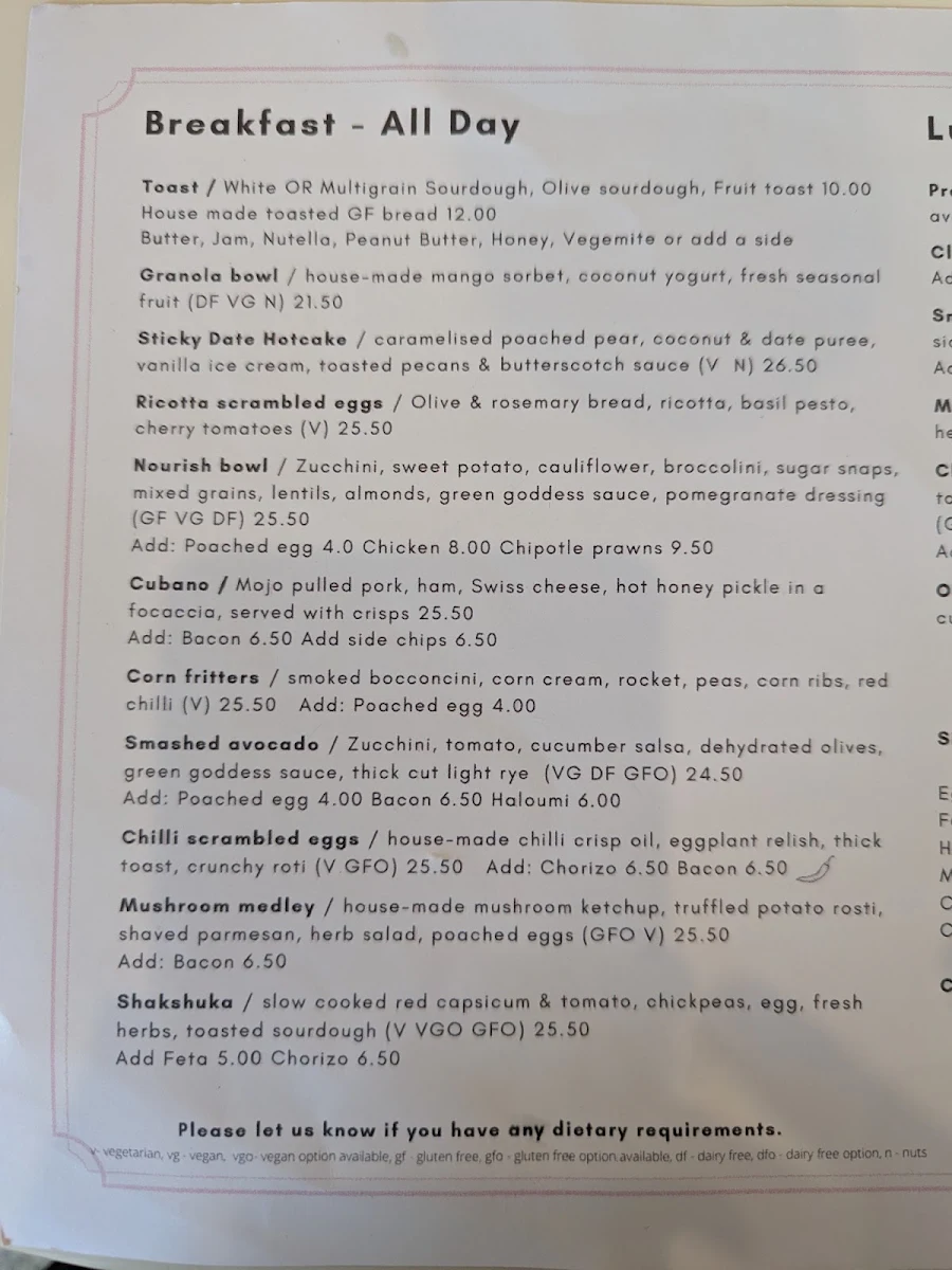 Menu, Major Mitchell Cafe