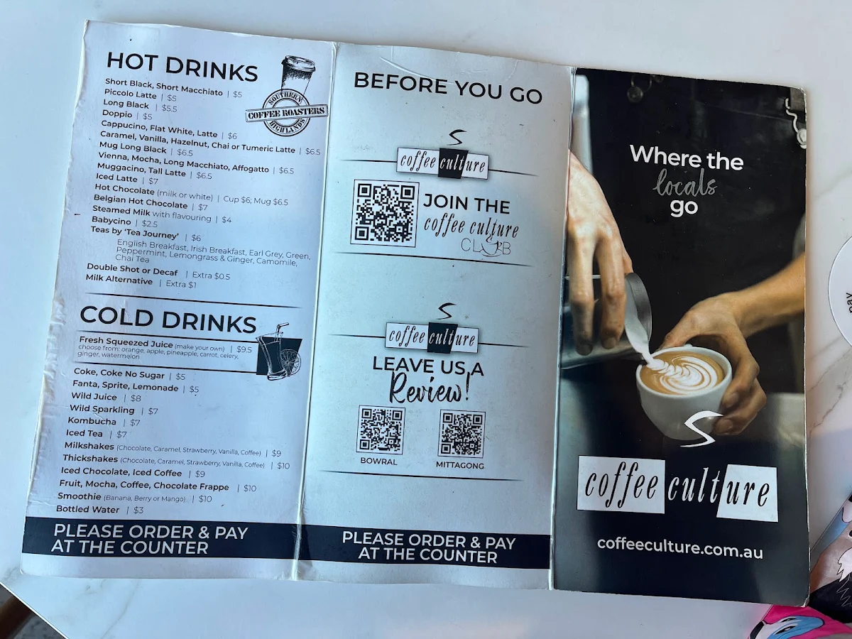 Menu, Coffee Culture Mittagong