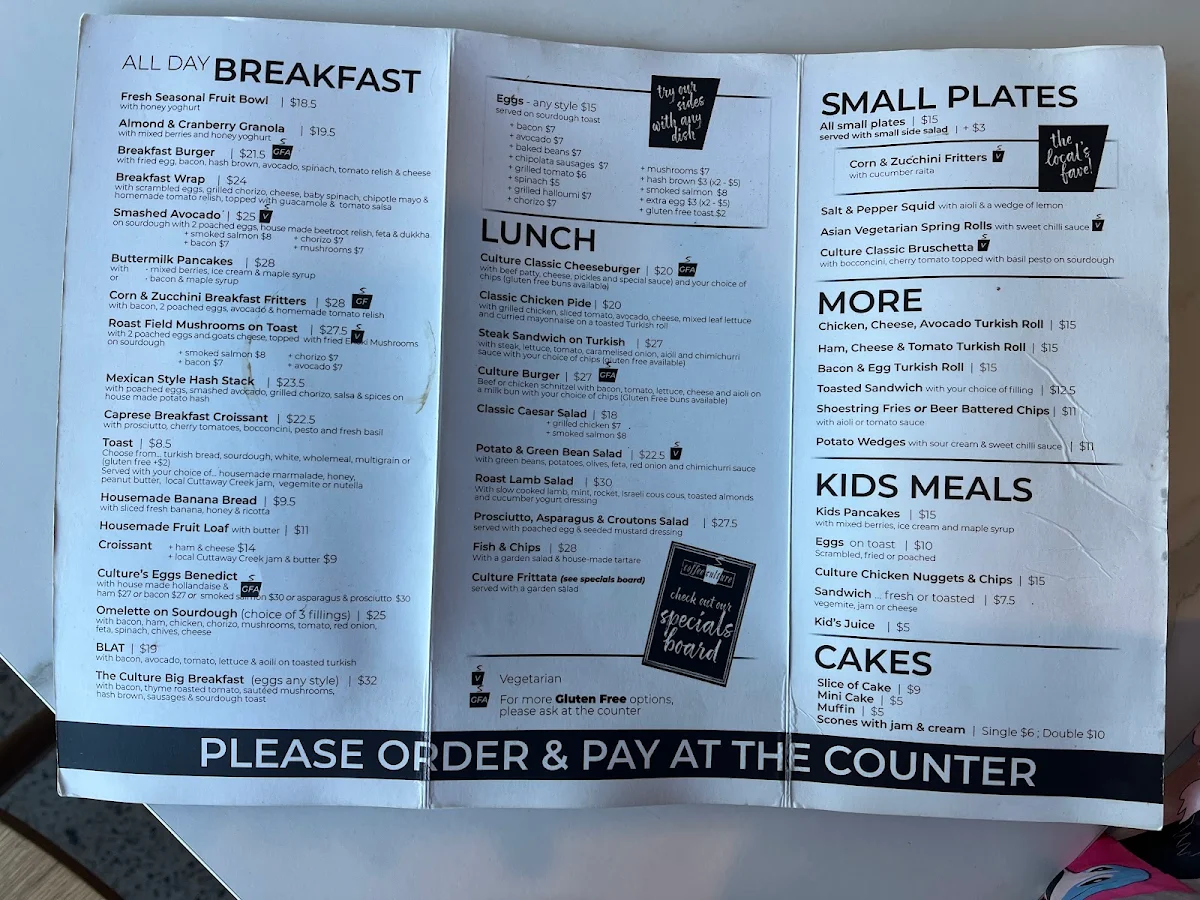 Menu, Coffee Culture Mittagong