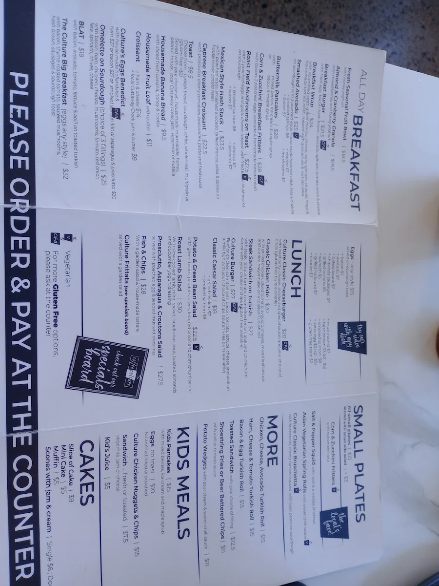 Menu, Coffee Culture Mittagong