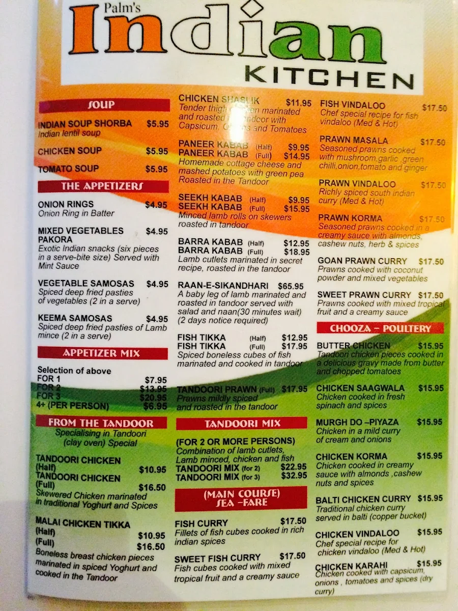 Menu, Palm's Indian Kitchen