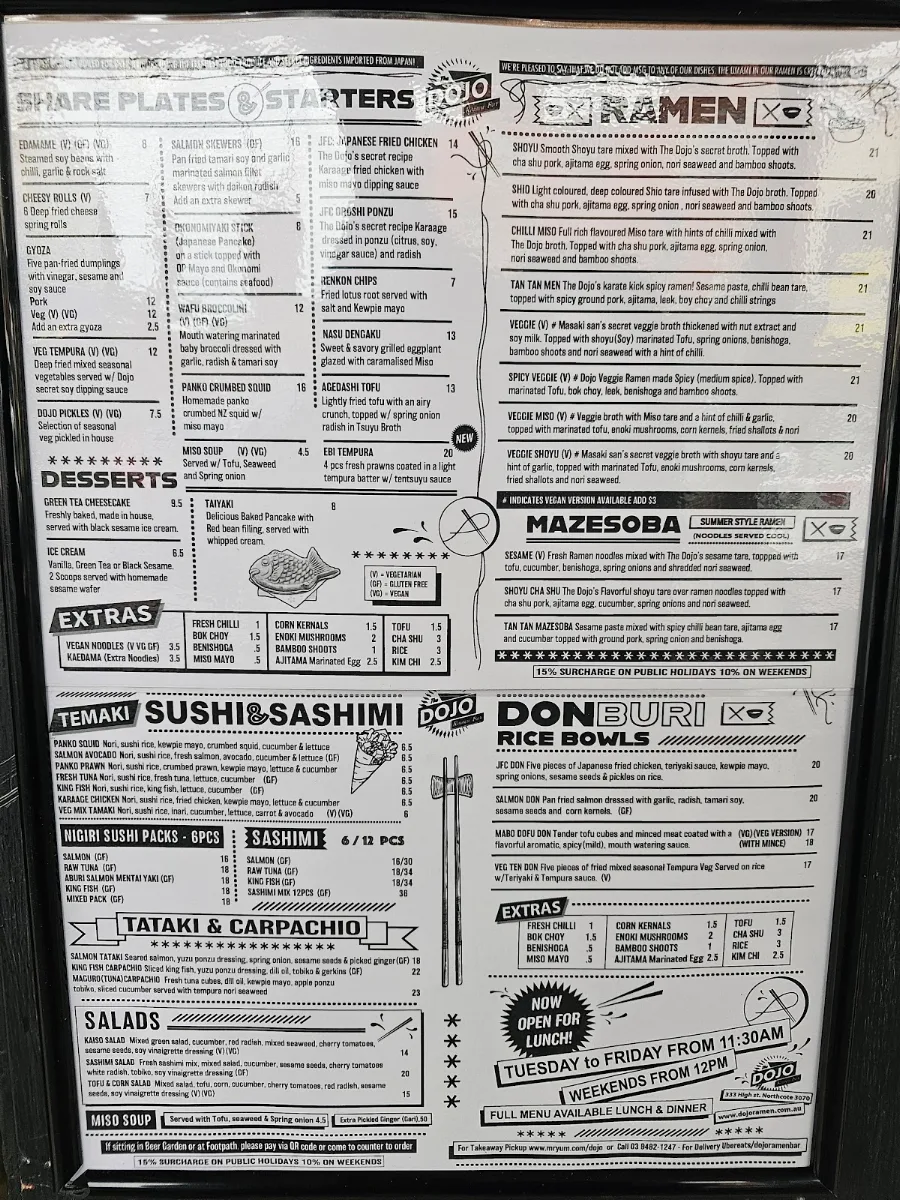 Menu, The Dojo Ramen Bar