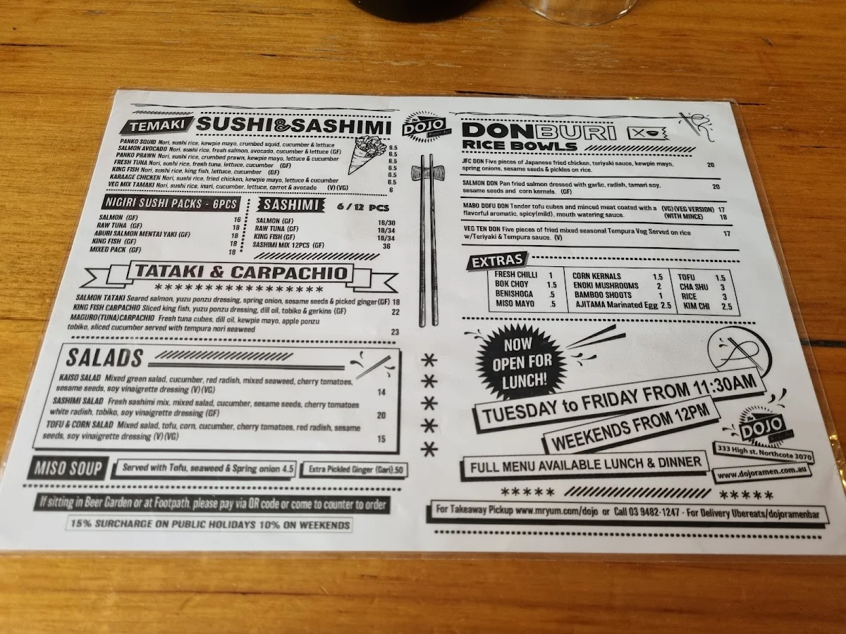 Menu, The Dojo Ramen Bar