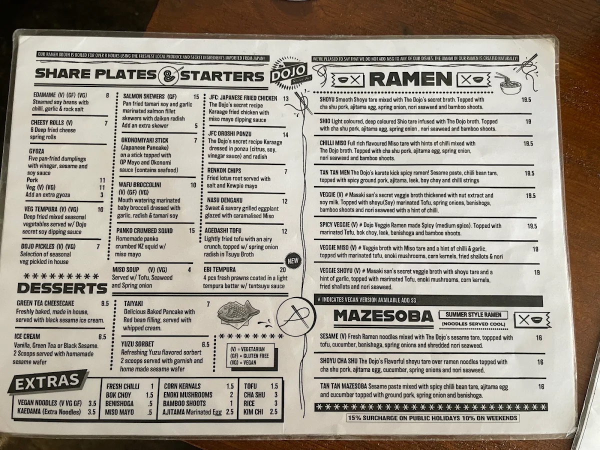Menu, The Dojo Ramen Bar