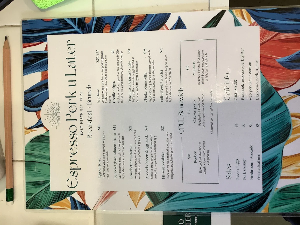 Menu, Espresso Perk U Later Cafe