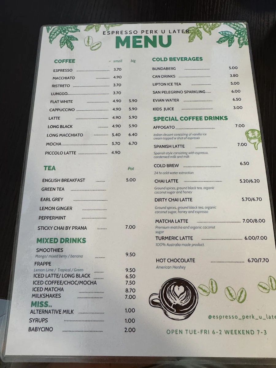 Menu, Espresso Perk U Later Cafe