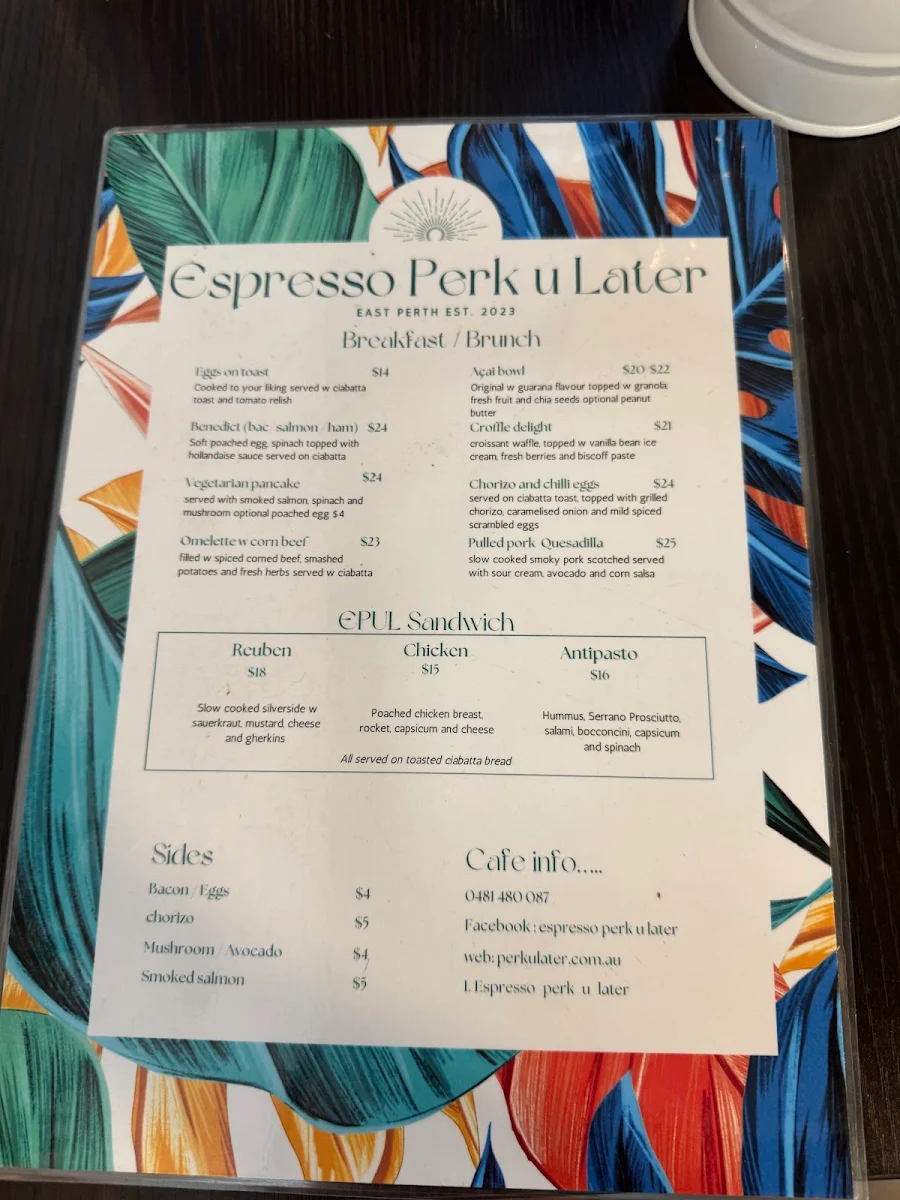Menu, Espresso Perk U Later Cafe