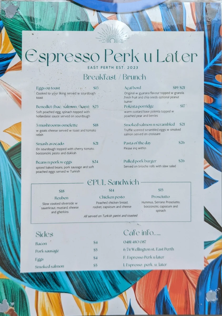 Menu, Espresso Perk U Later Cafe