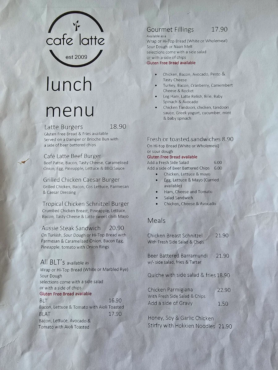 Menu, Cafe Latte