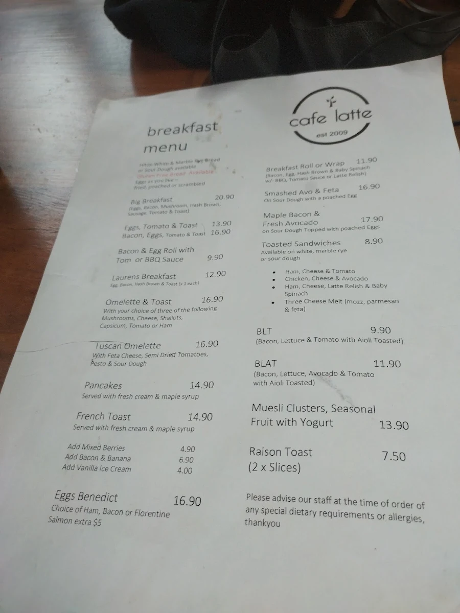 Menu, Cafe Latte
