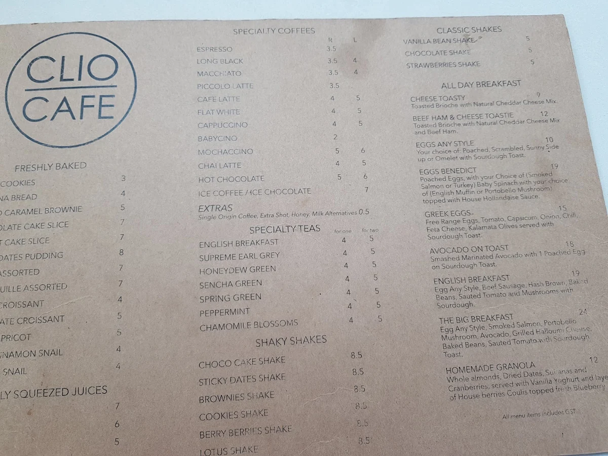 Menu, Clio Café