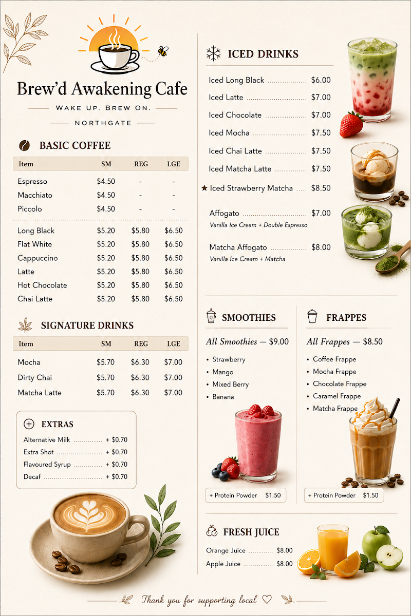 Menu, Brew'd Awakening Cafe