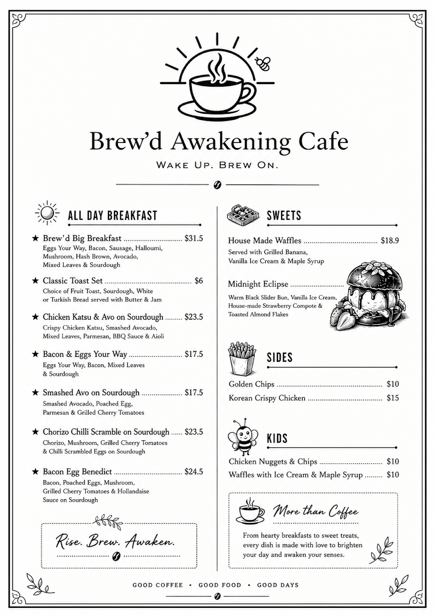 Menu, Brew'd Awakening Cafe