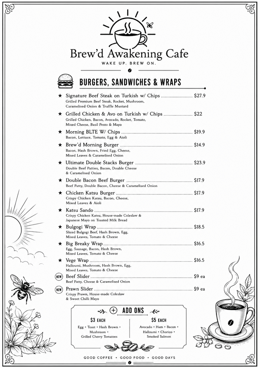 Menu, Brew'd Awakening Cafe