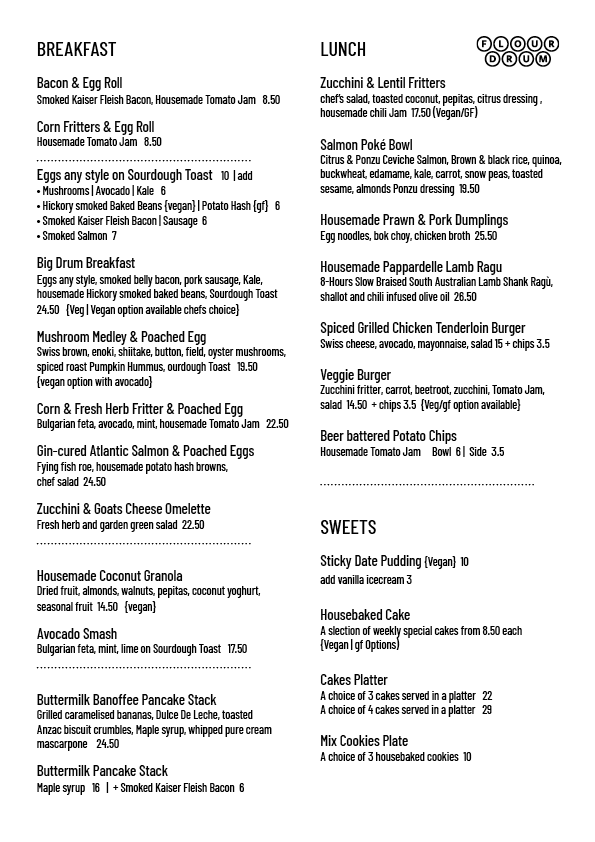 Menu, Flour Drum