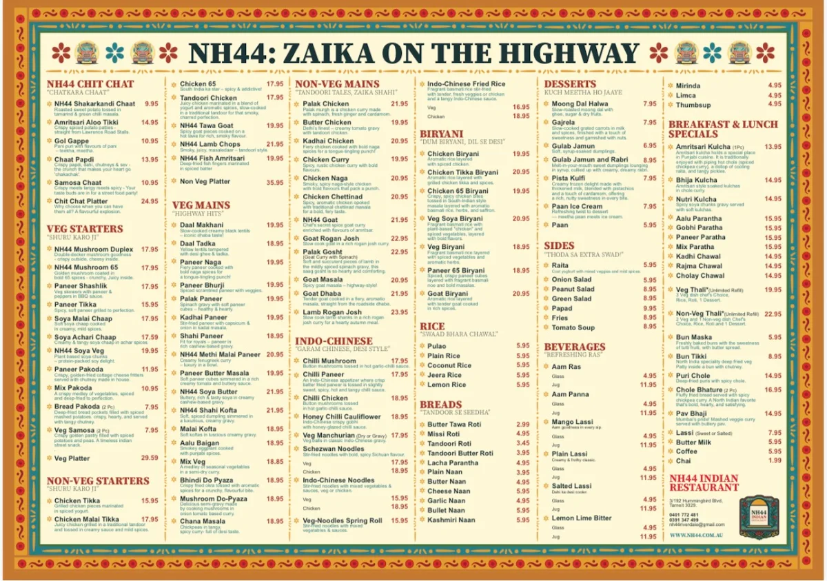 Menu, NH44 Indian Restaurant