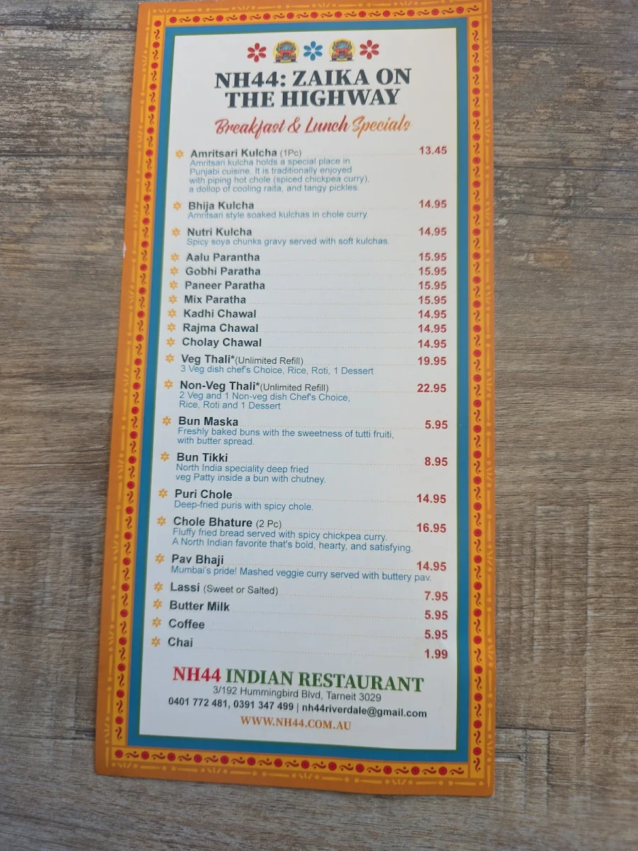 Menu, NH44 Indian Restaurant