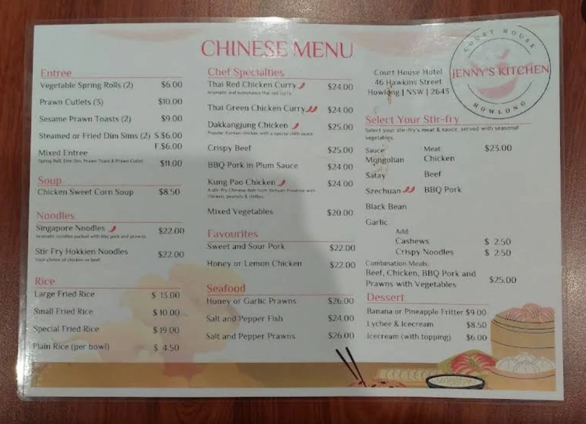 Menu, Court House Hotel Howlong