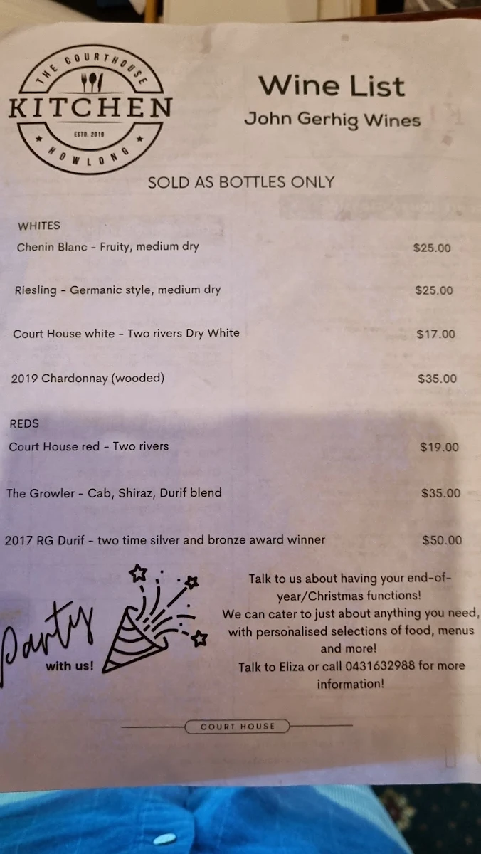 Menu, Court House Hotel Howlong