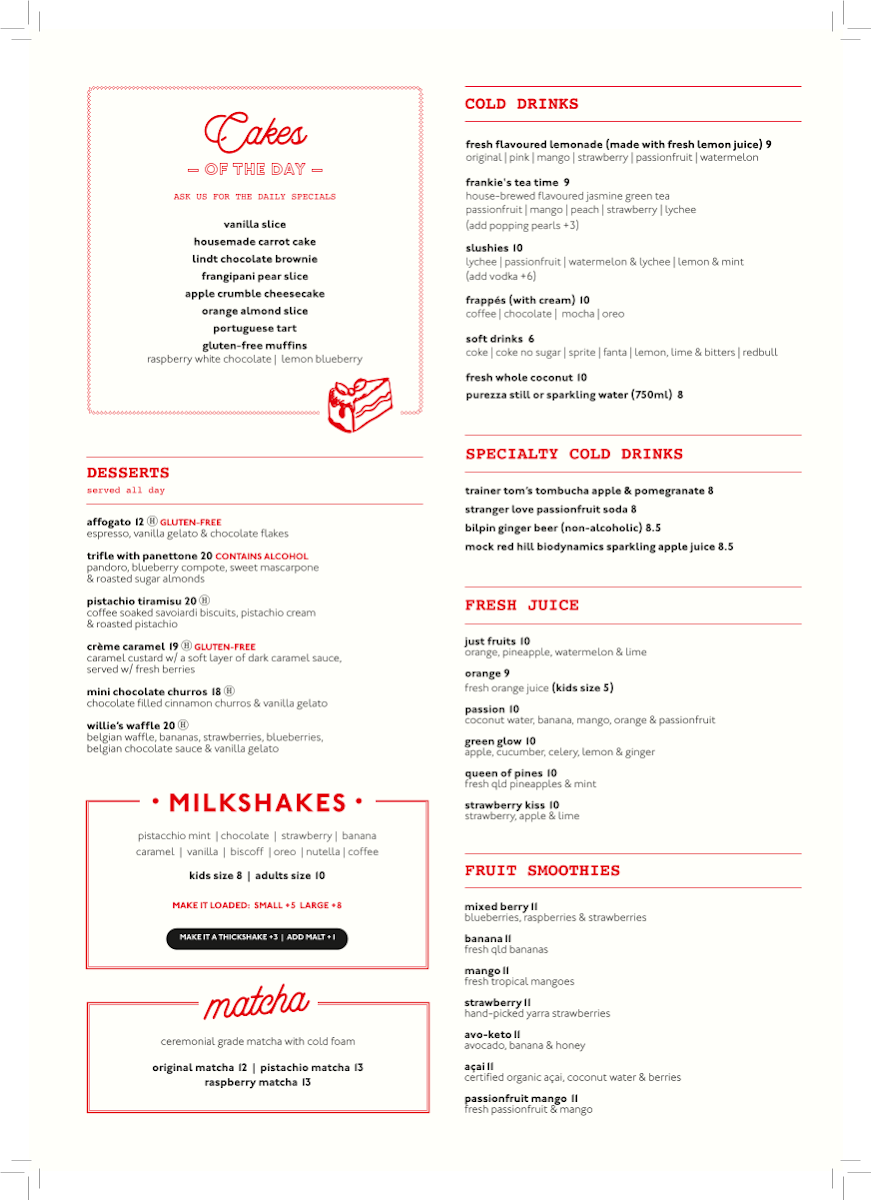 Menu, Frankie’s Food Factory Terrey Hills