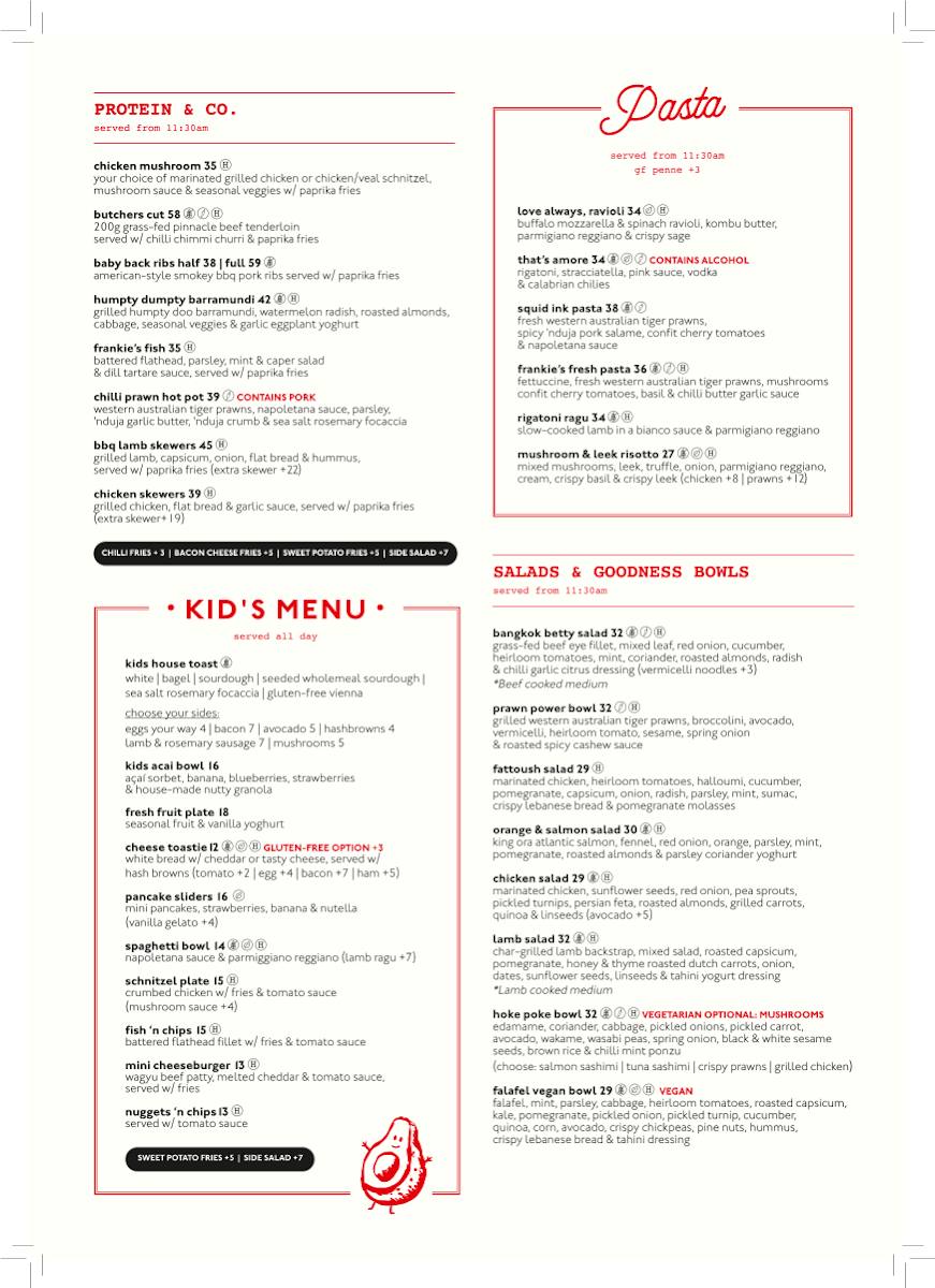 Menu, Frankie’s Food Factory Terrey Hills