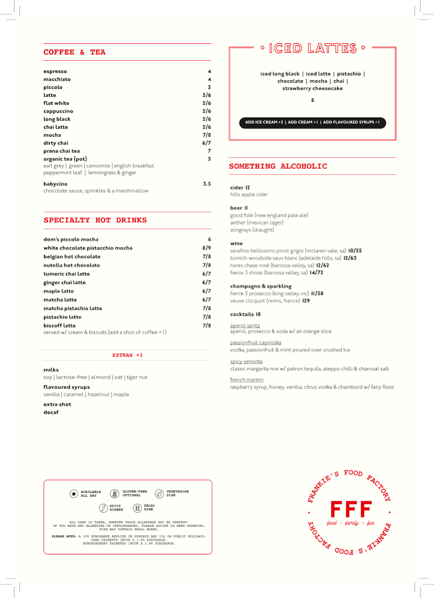 Menu, Frankie’s Food Factory Terrey Hills