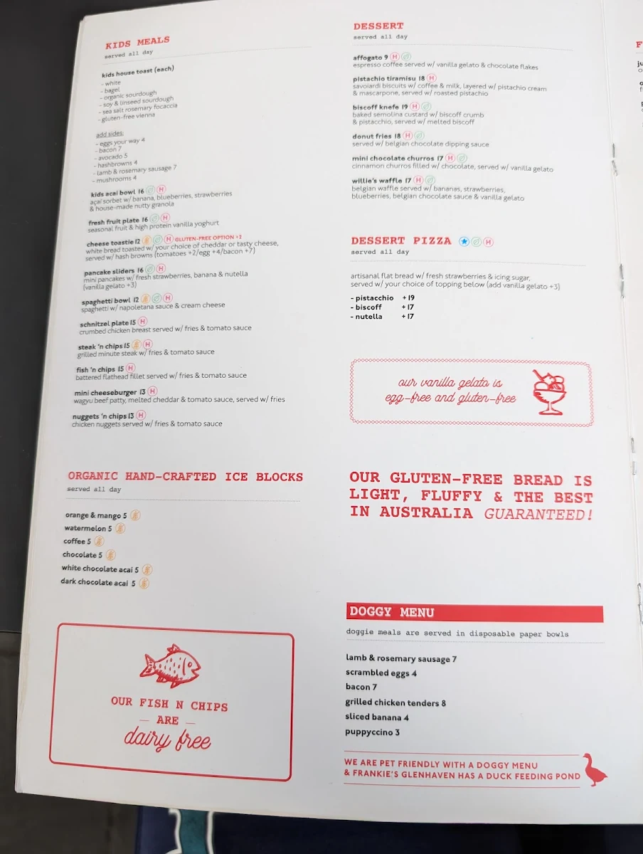 Menu, Frankie’s Food Factory Terrey Hills