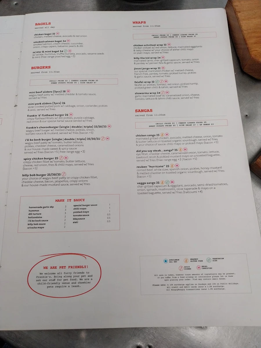 Menu, Frankie’s Food Factory Terrey Hills