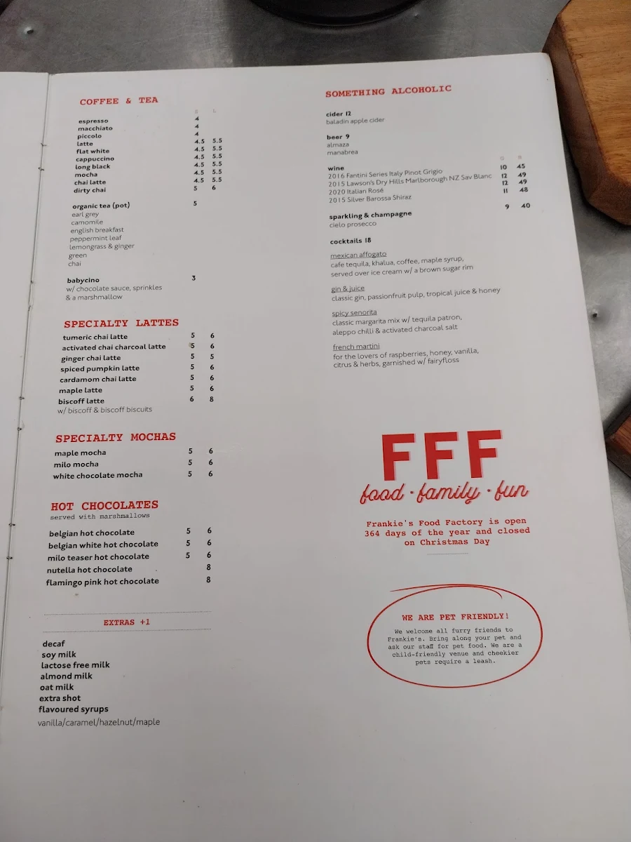 Menu, Frankie’s Food Factory Terrey Hills