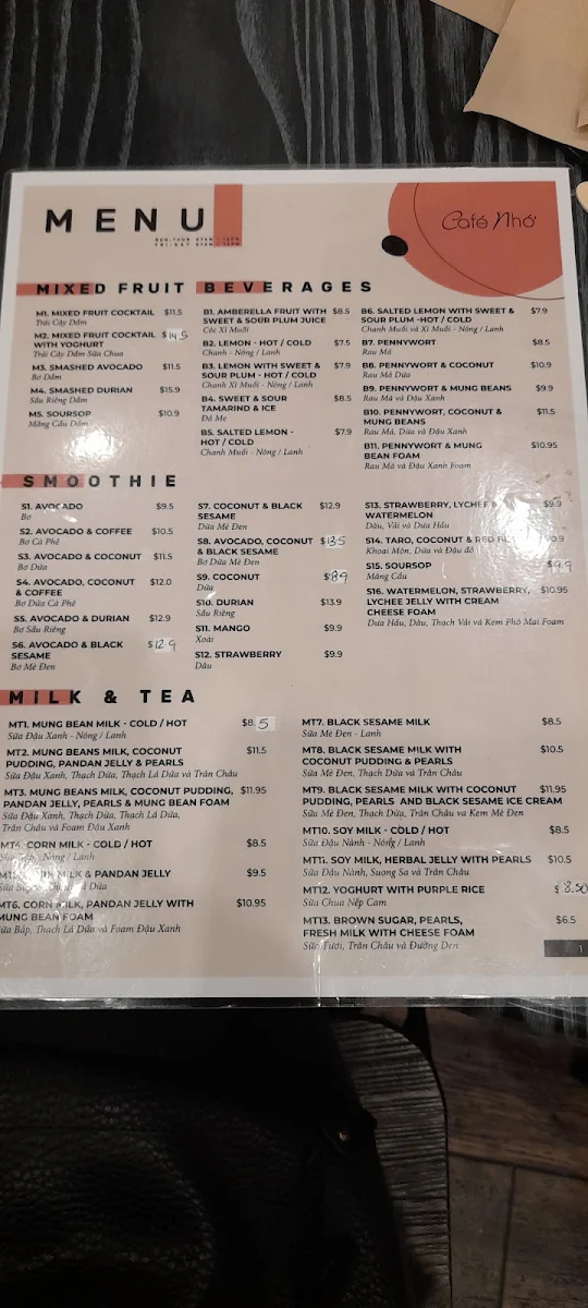 Menu, Cafe Nho