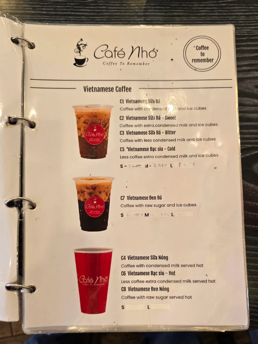 Menu, Cafe Nho