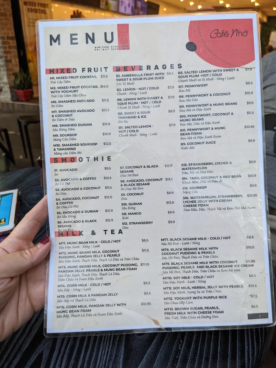 Menu, Cafe Nho