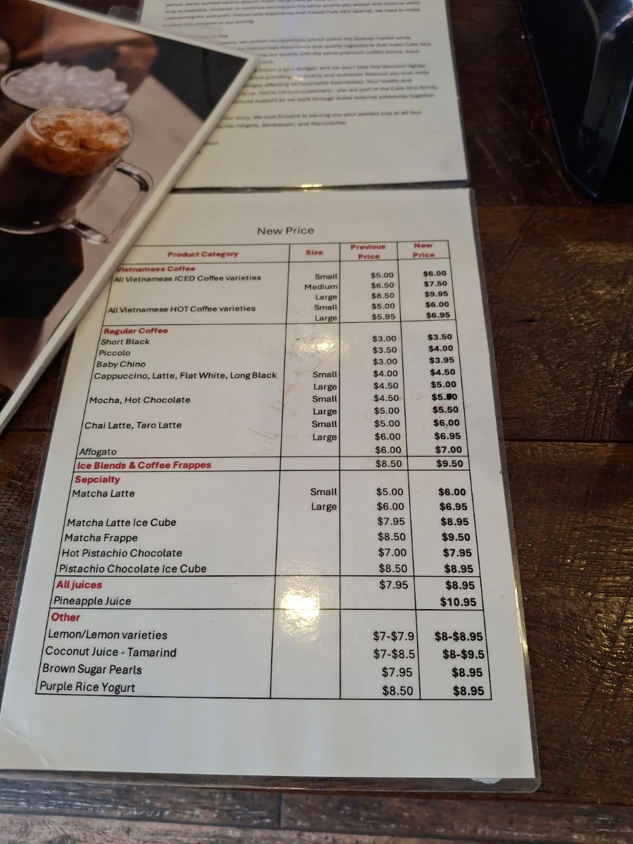 Menu, Cafe Nho