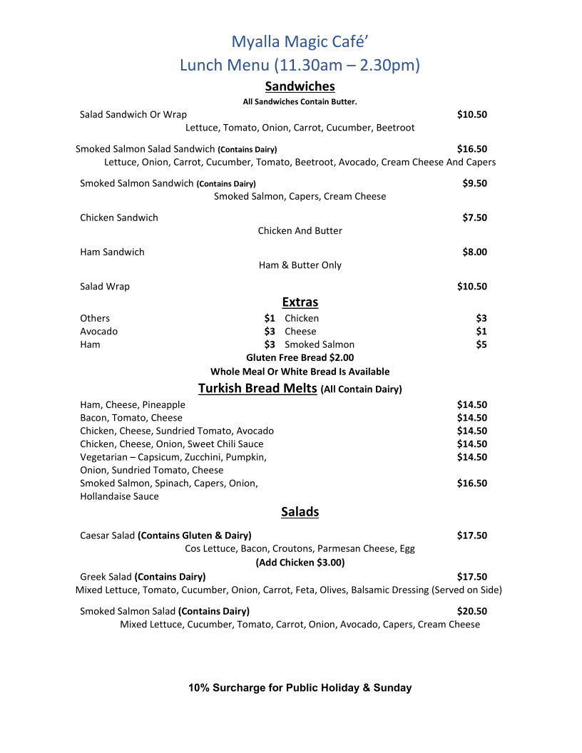 Menu, Myalla Magic