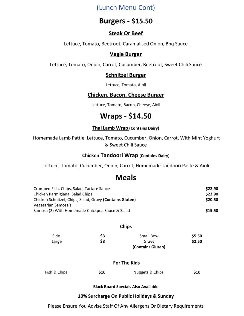 Menu, Myalla Magic