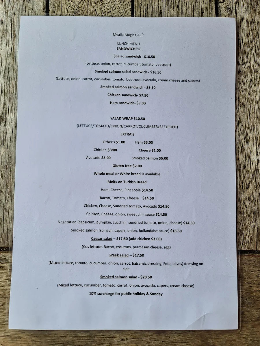 Menu, Myalla Magic