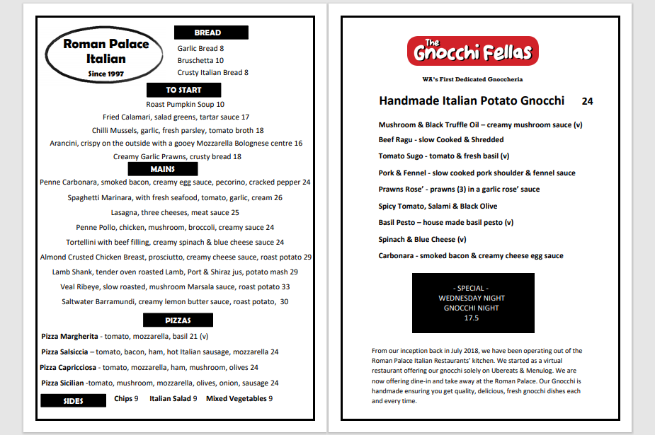 Menu, Roman Palace Italian Restaurant