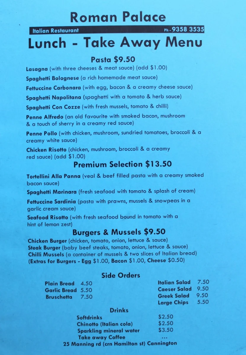Menu, Roman Palace Italian Restaurant