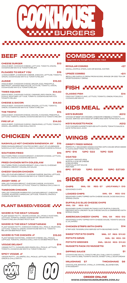 Menu, Cookhouse Burgers