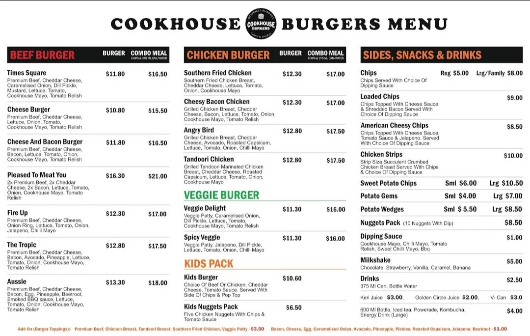 Menu, Cookhouse Burgers