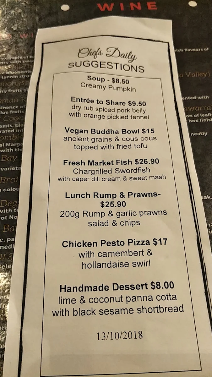 Menu, Yamanto Tavern