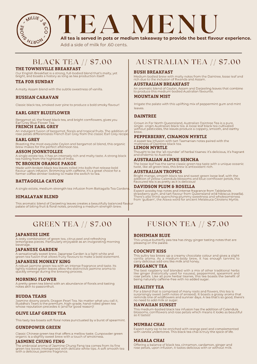 Menu, Millie J & Co