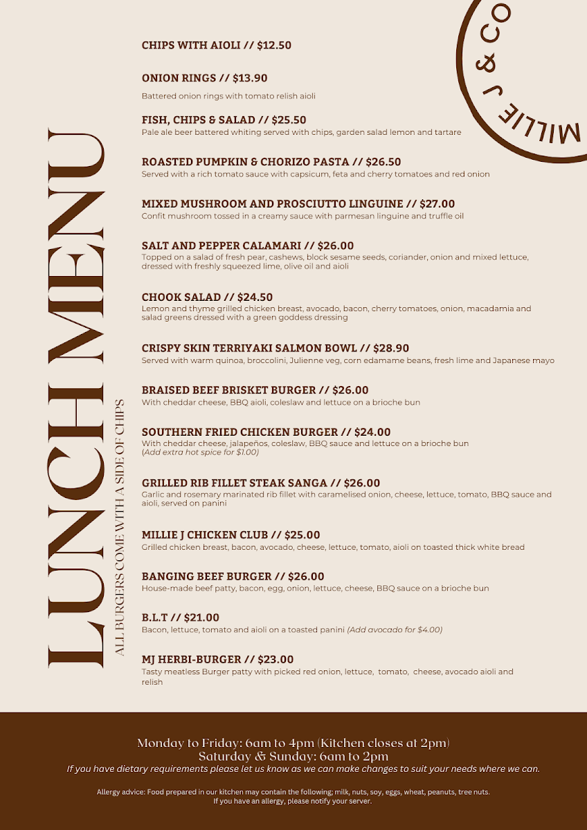 Menu, Millie J & Co