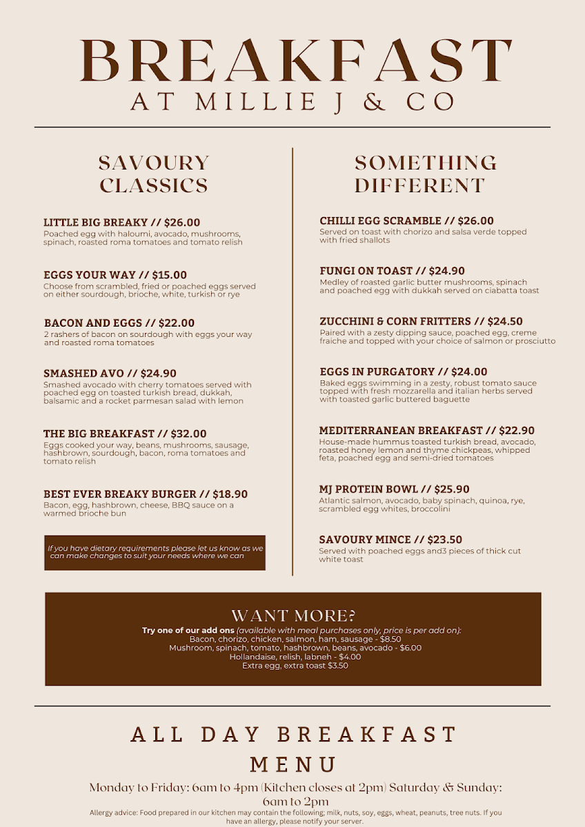 Menu, Millie J & Co